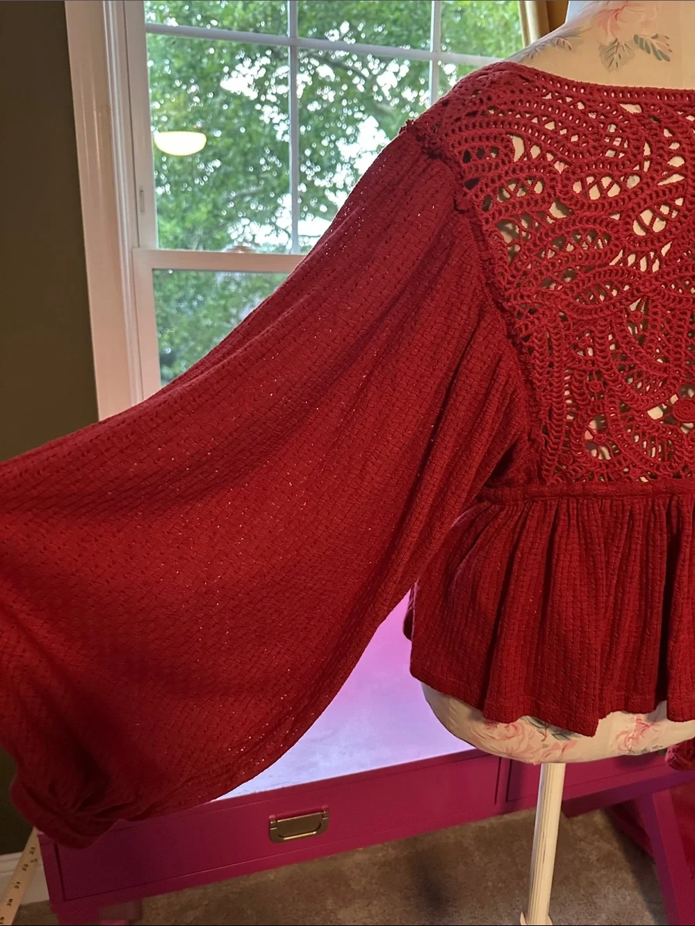 Free People Deep Red Crochet V-Neck Peplum Blouse